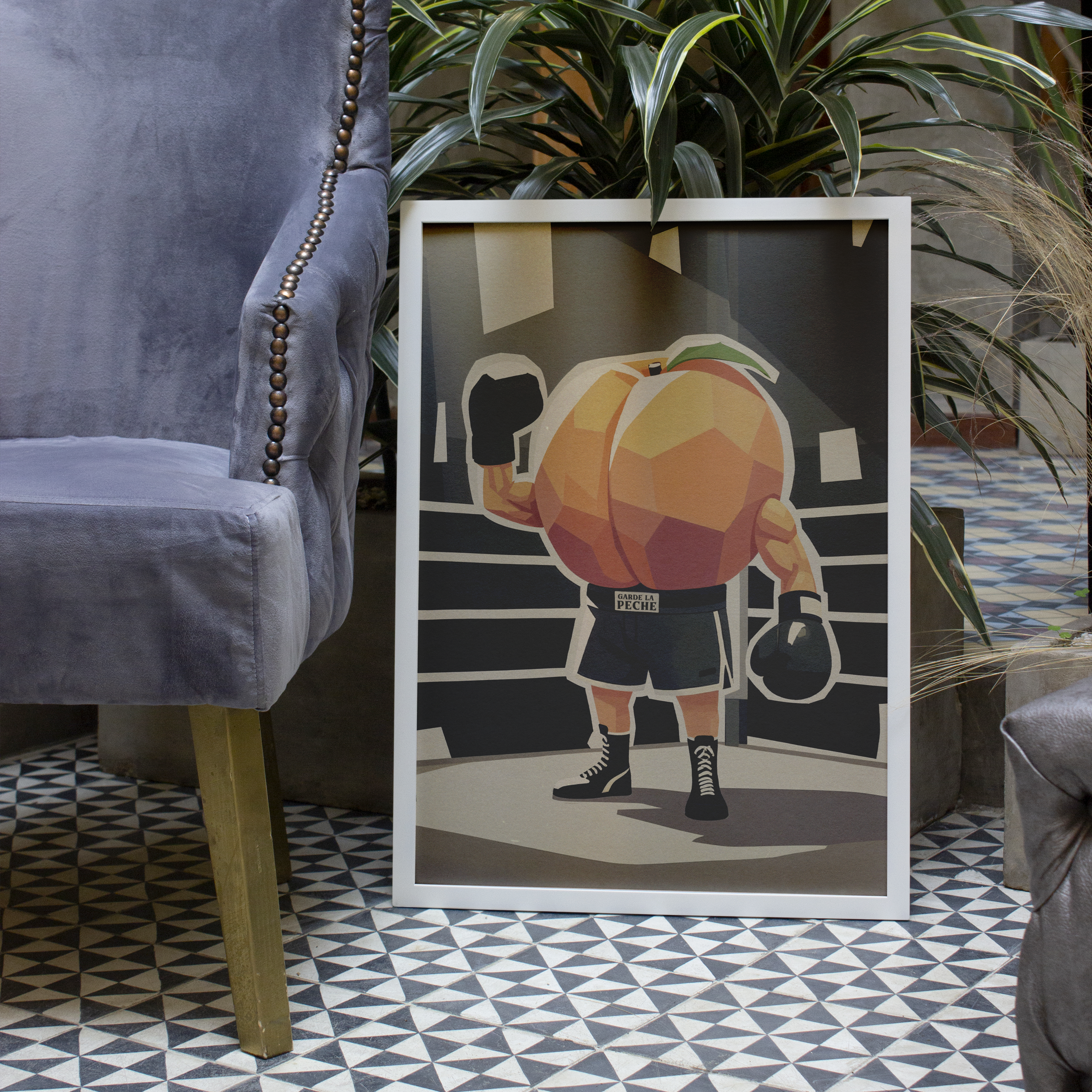 Affiche humoristique décorative représentant une pêche en boxeur avec gants et short marqué Garde la Pêche, illustration originale style cartoon pour décoration murale cuisine salon ou salle de sport.