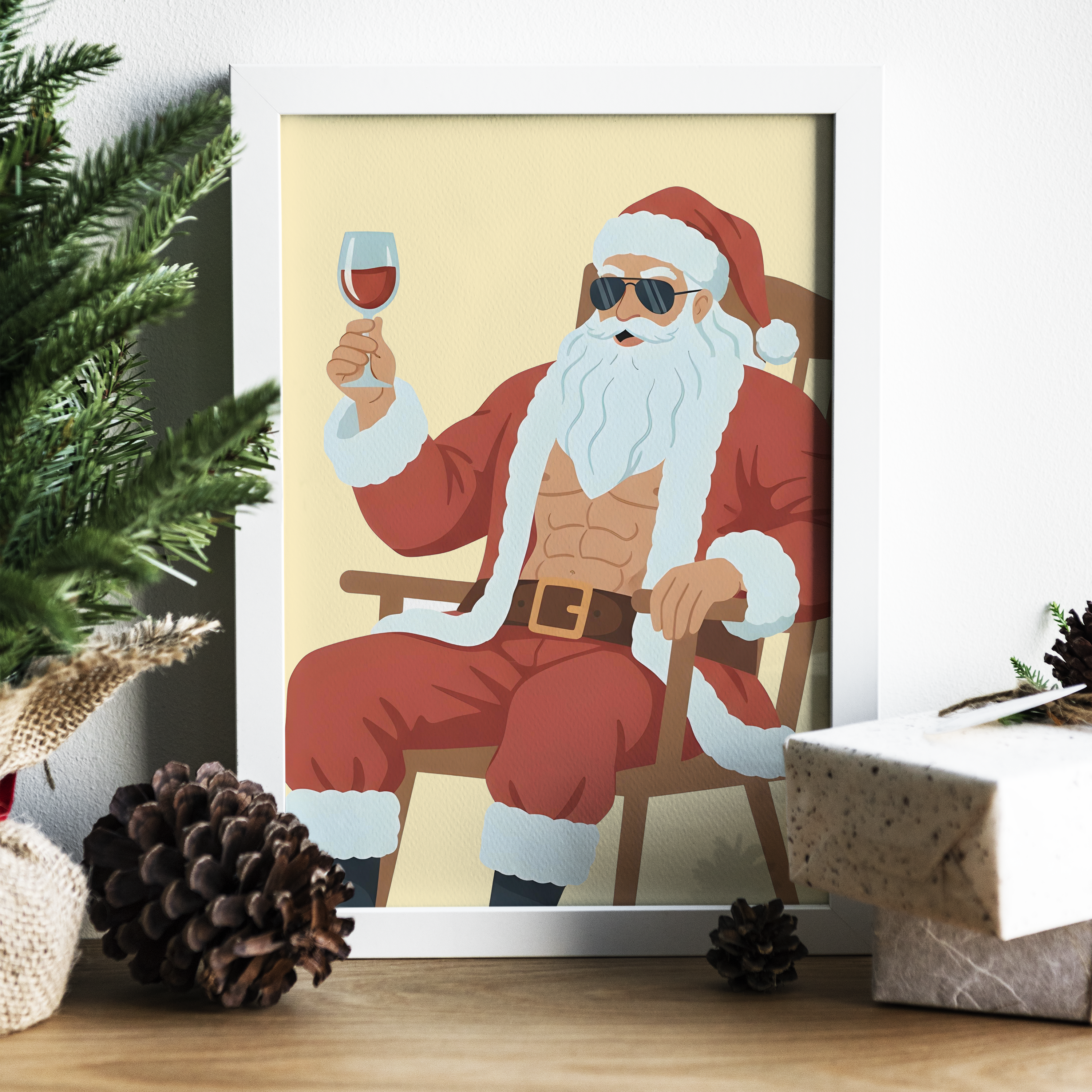 Père Noël musclé assis sur une chaise, portant un costume rouge traditionnel et des lunettes de soleil, tenant un verre de vin rouge à la main – illustration humoristique et moderne pour décoration murale de Noël.