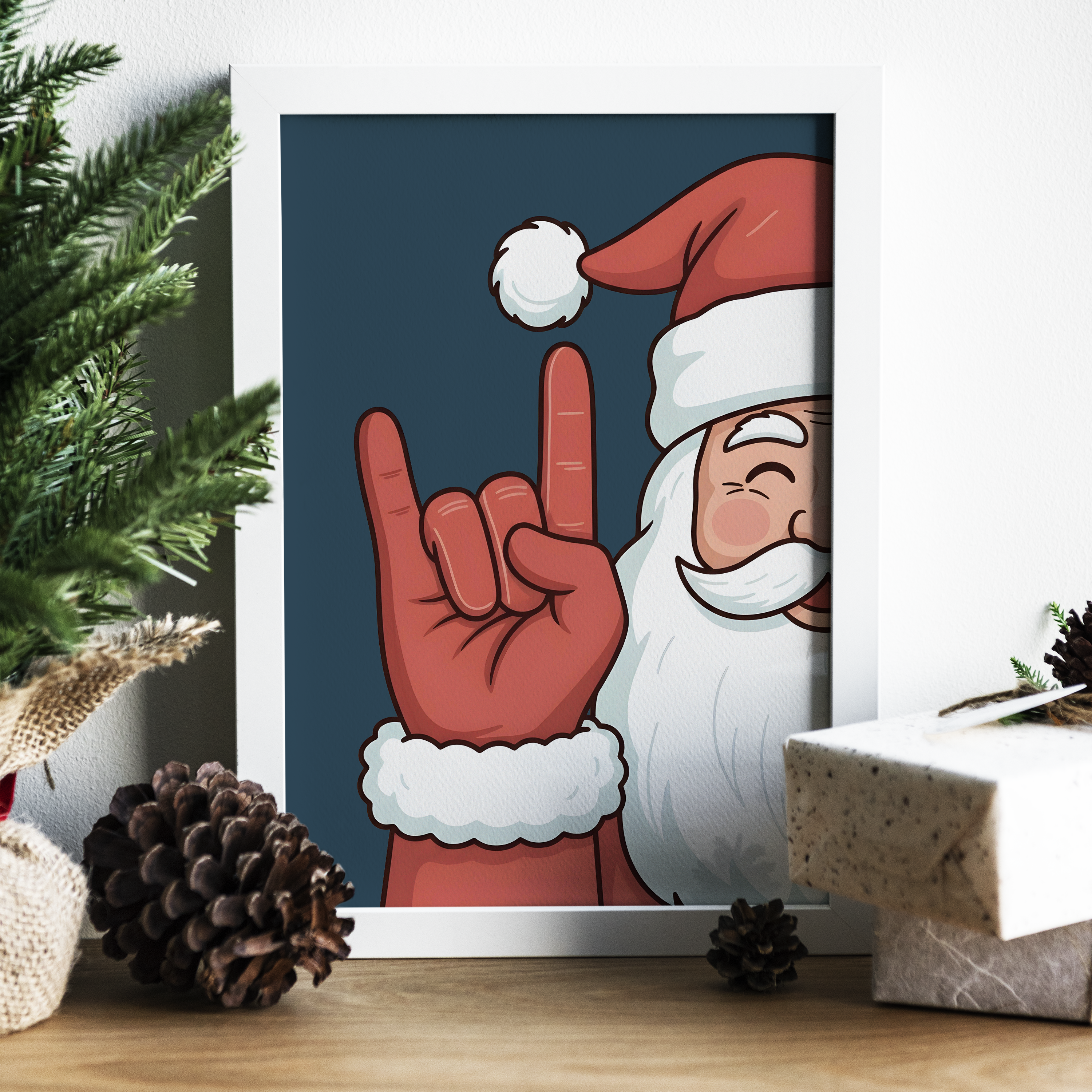 Illustration festive de Père Noël faisant le signe des cornes "rock on" avec la main, portant son traditionnel bonnet rouge et costume, sur fond bleu foncé – image humoristique et originale de Noël pour décoration murale ou carte de vœux.