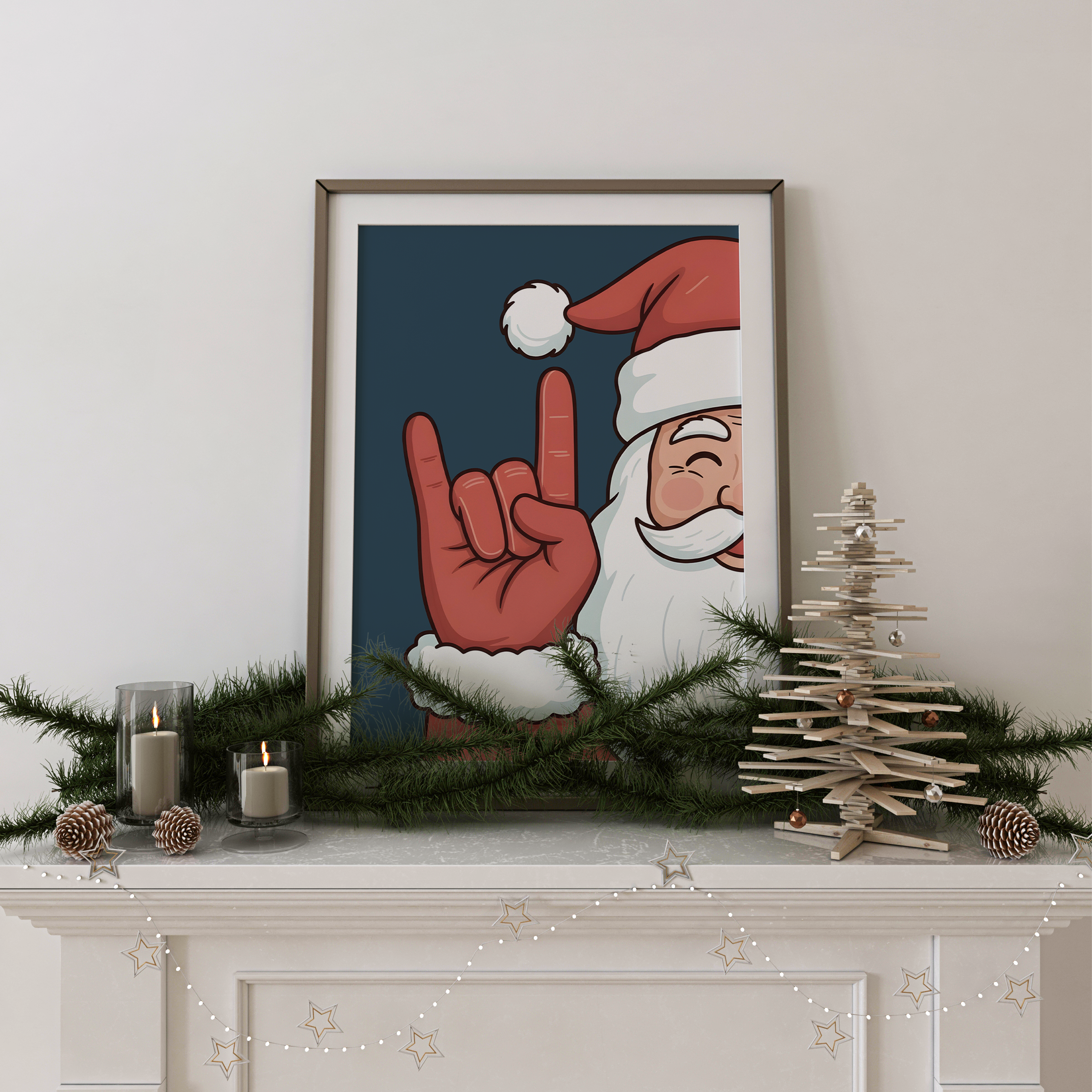 Illustration festive de Père Noël faisant le signe des cornes "rock on" avec la main, portant son traditionnel bonnet rouge et costume, sur fond bleu foncé – image humoristique et originale de Noël pour décoration murale ou carte de vœux.
